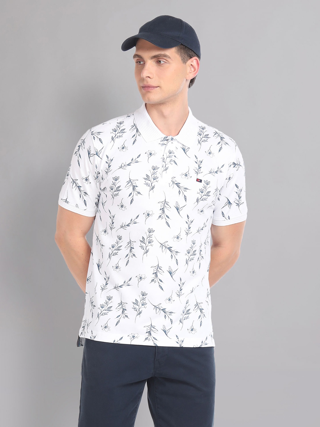 

AD By Arvind Floral Printed Polo Collar Short Sleeves Cotton Slim Fit T-shirt, White