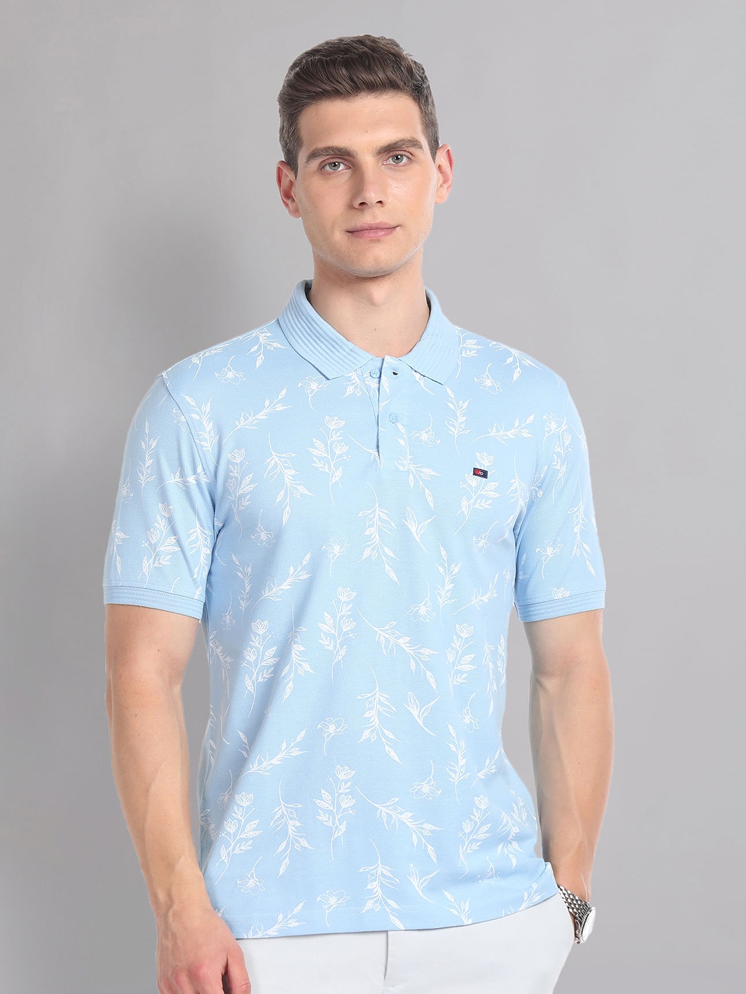 

AD By Arvind Floral Printed Polo Collar Short Sleeves Cotton Slim Fit T-shirt, Blue