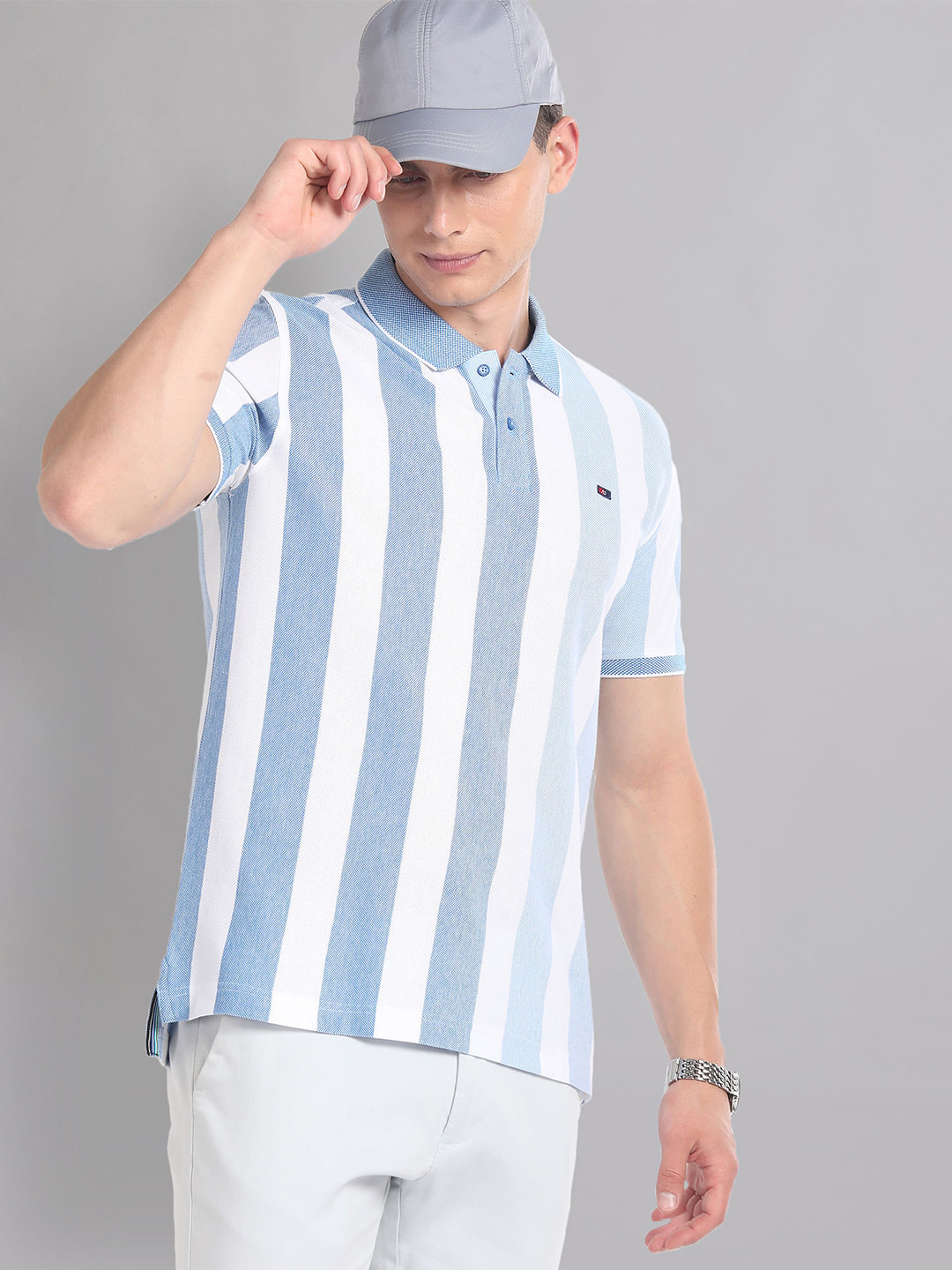 

AD By Arvind Striped Polo Collar Short Sleeves Cotton Slim Fit T-shirt, Blue