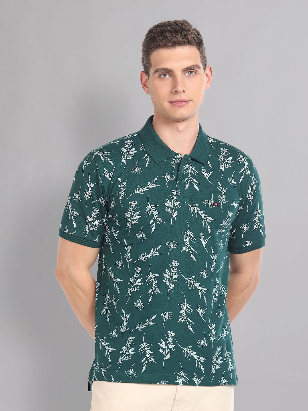 

AD By Arvind Floral Printed Polo Collar Short Sleeves Cotton Slim Fit T-shirt, Green