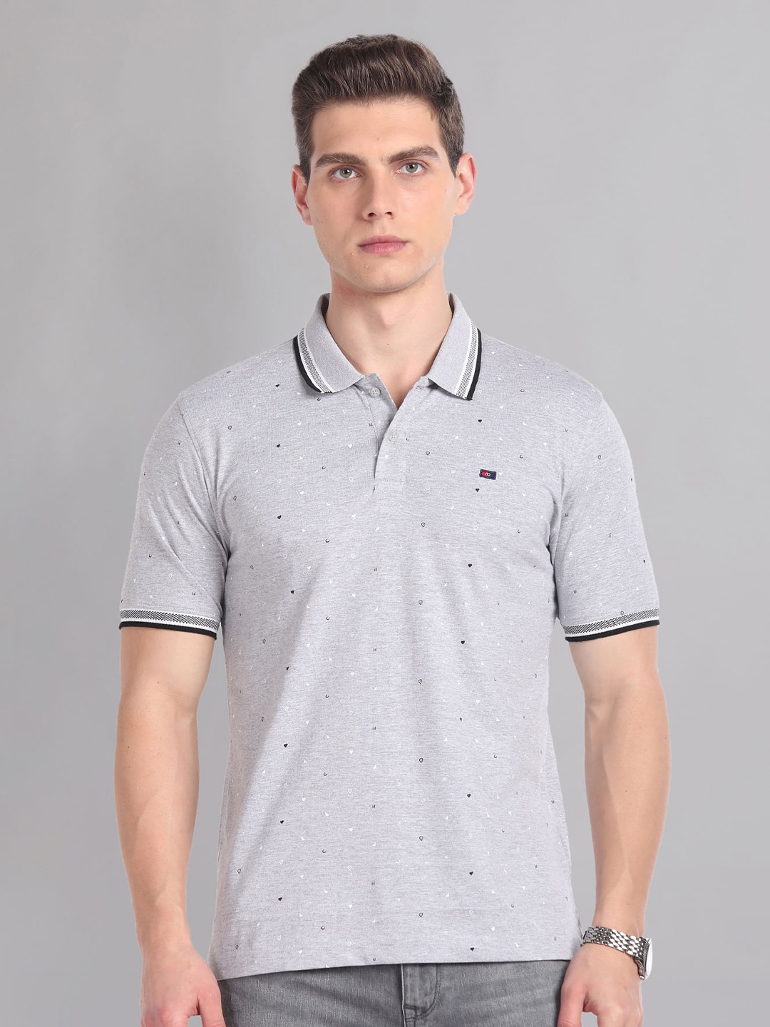 

AD By Arvind Micro Ditsy Printed Polo Collar Short Sleeves Cotton Slim Fit T-shirt, Grey