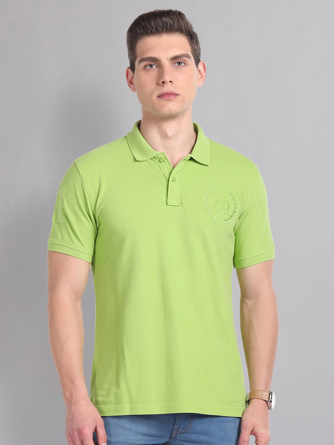 

AD By Arvind Polo Collar Short Sleeves Embroidered Cotton Slim Fit T-shirt, Green
