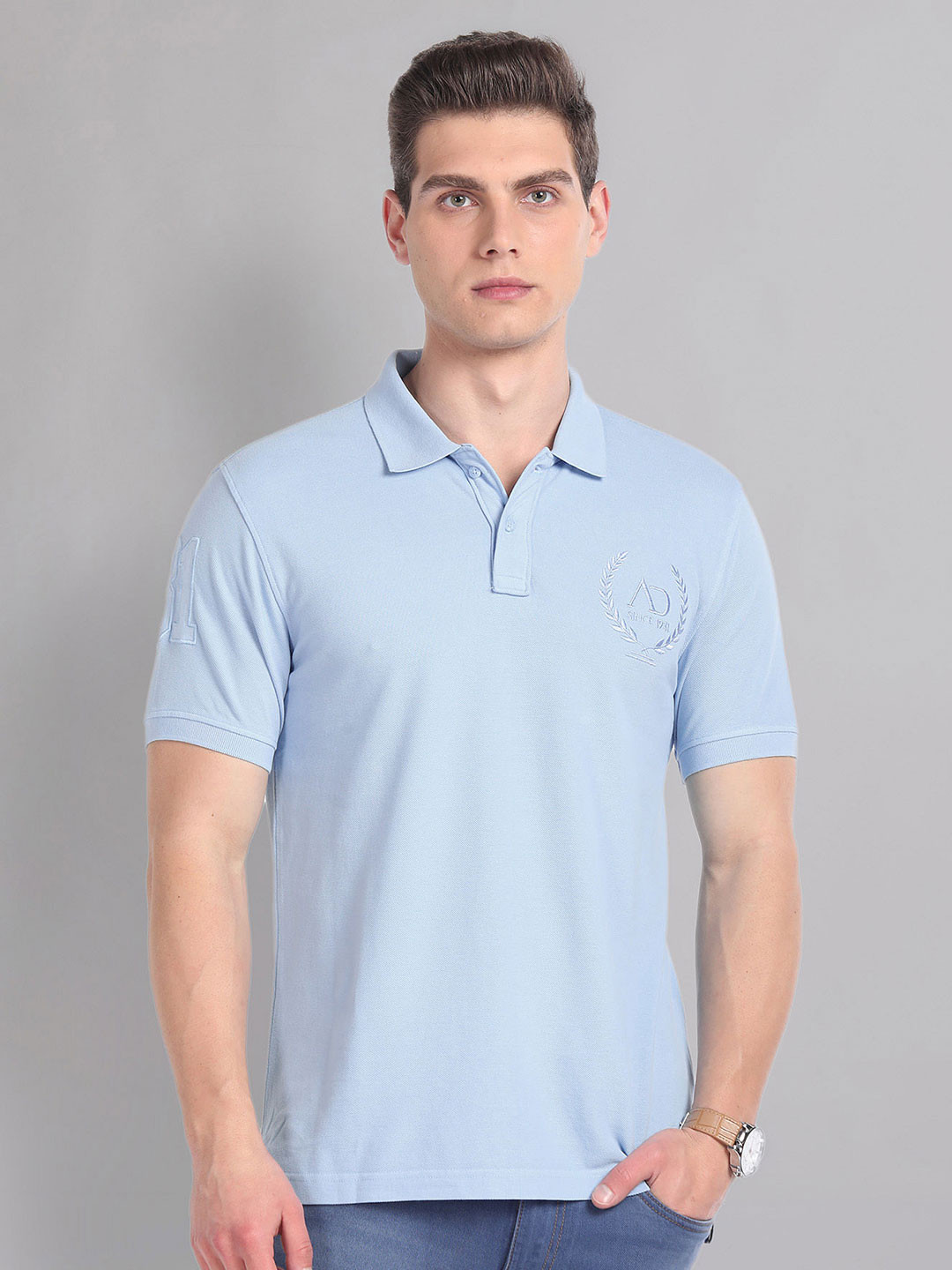 

AD By Arvind Polo Collar Short Sleeves Embroidered Cotton Slim Fit T-shirt, Blue