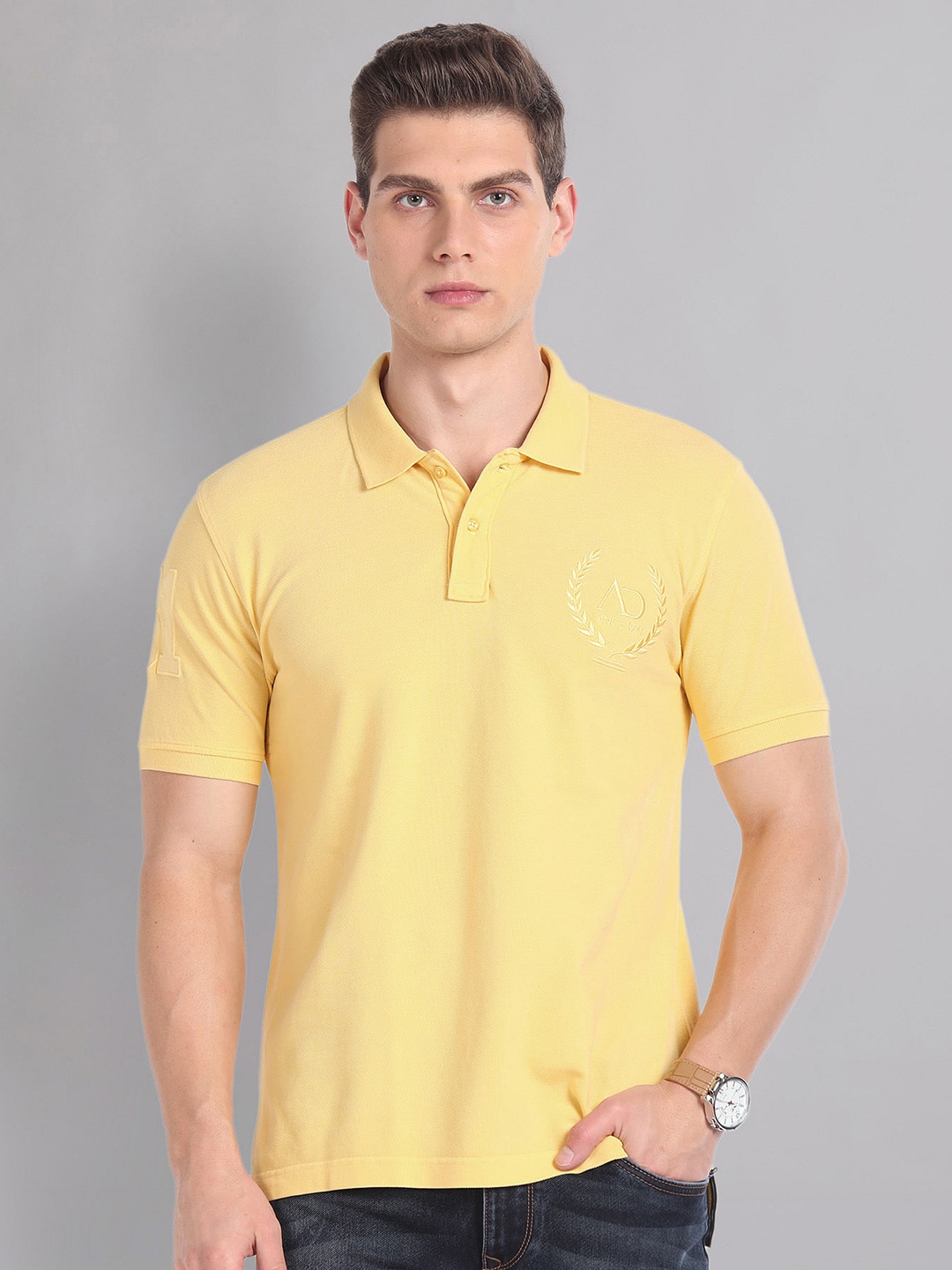 

AD By Arvind Polo Collar Short Sleeves Embroidered Cotton Slim Fit T-shirt, Yellow