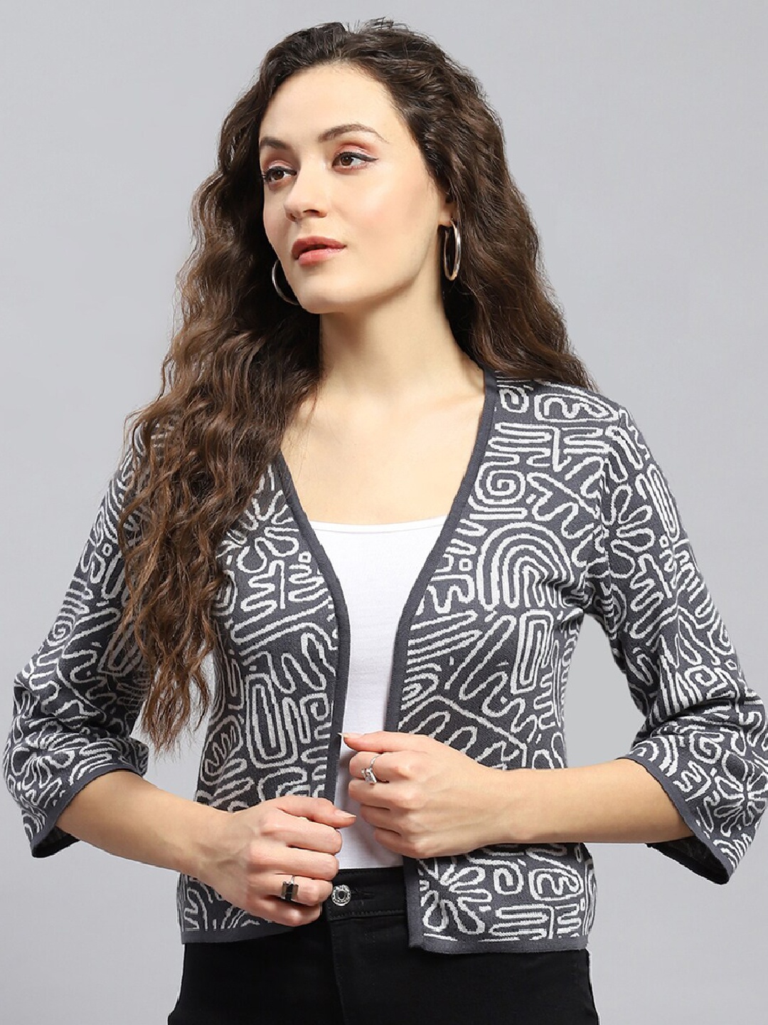 

Monte Carlo Geometric Printed Cotton Open Front Crop Shrug, Grey
