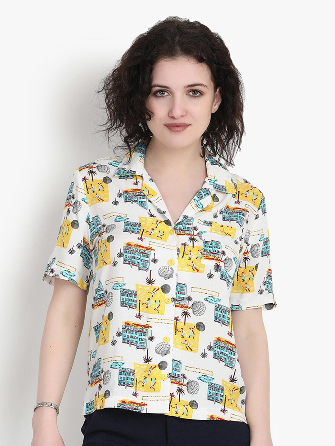 

putsum Conversational Printed Cuban Collar Casual Shirt, White