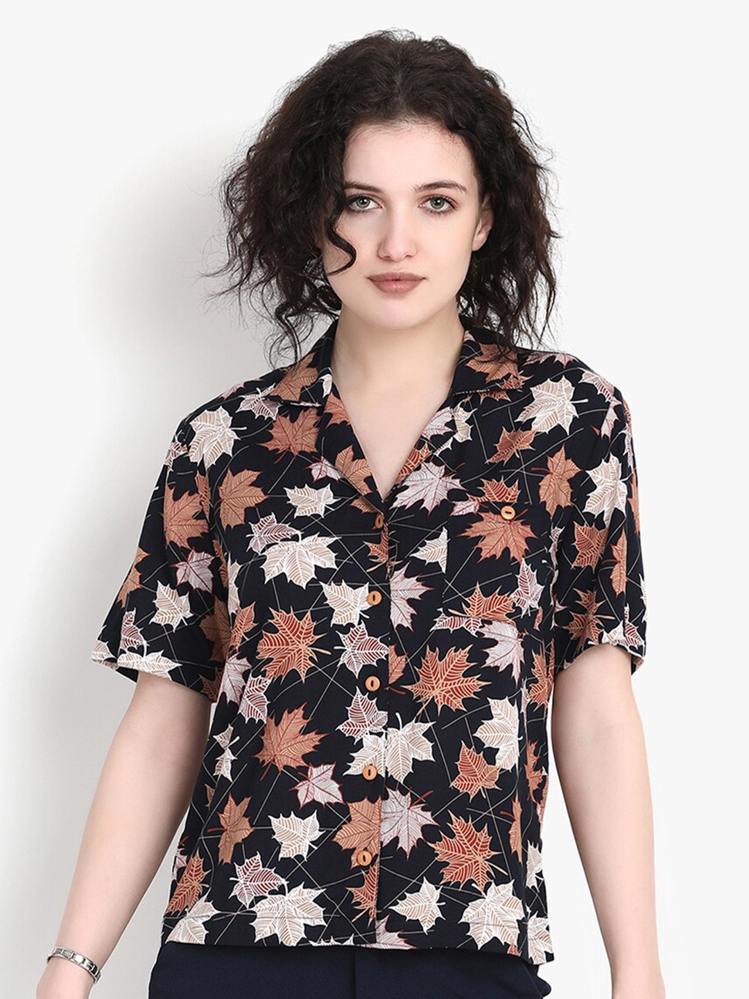 

putsum Floral Printed Cuban Collar Casual Shirt, Black