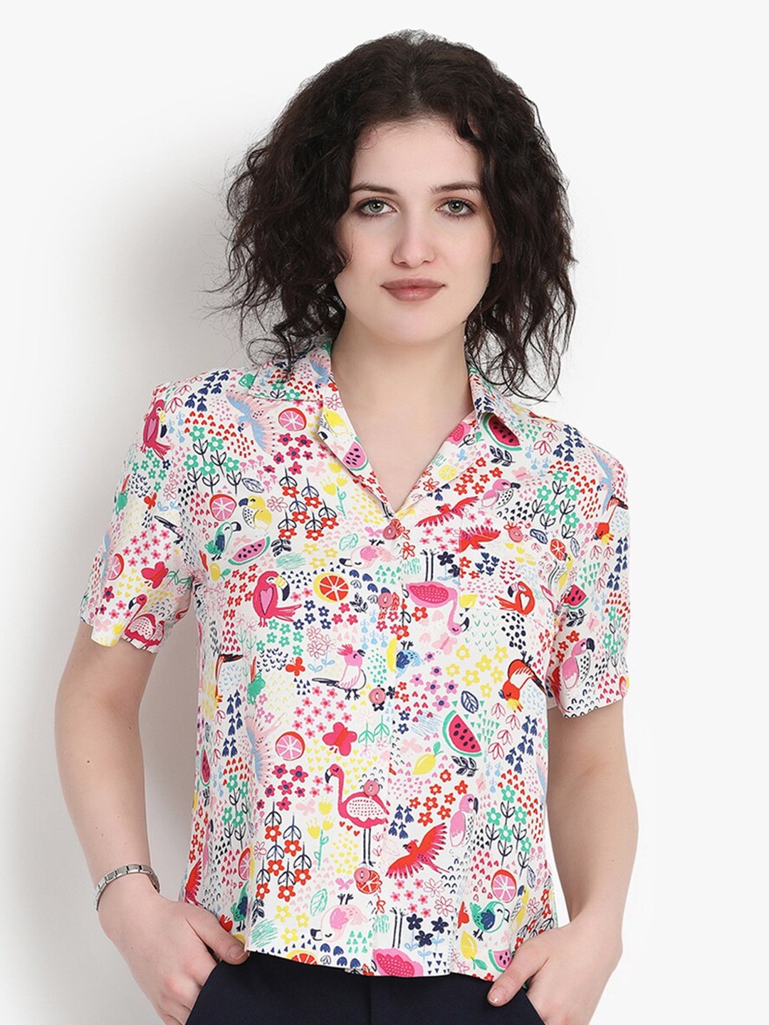 

putsum Floral Printed Cuban Collar Casual Shirt, White