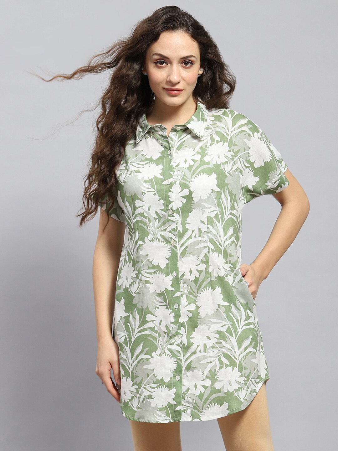 

Monte Carlo Linen Shirt Collar Printed Tunic, Green