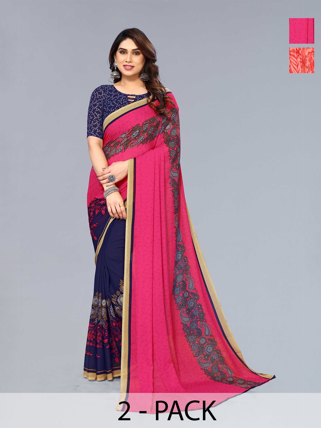 

ANAND SAREES Selection Of 2 Floral Printed Sarees, Peach