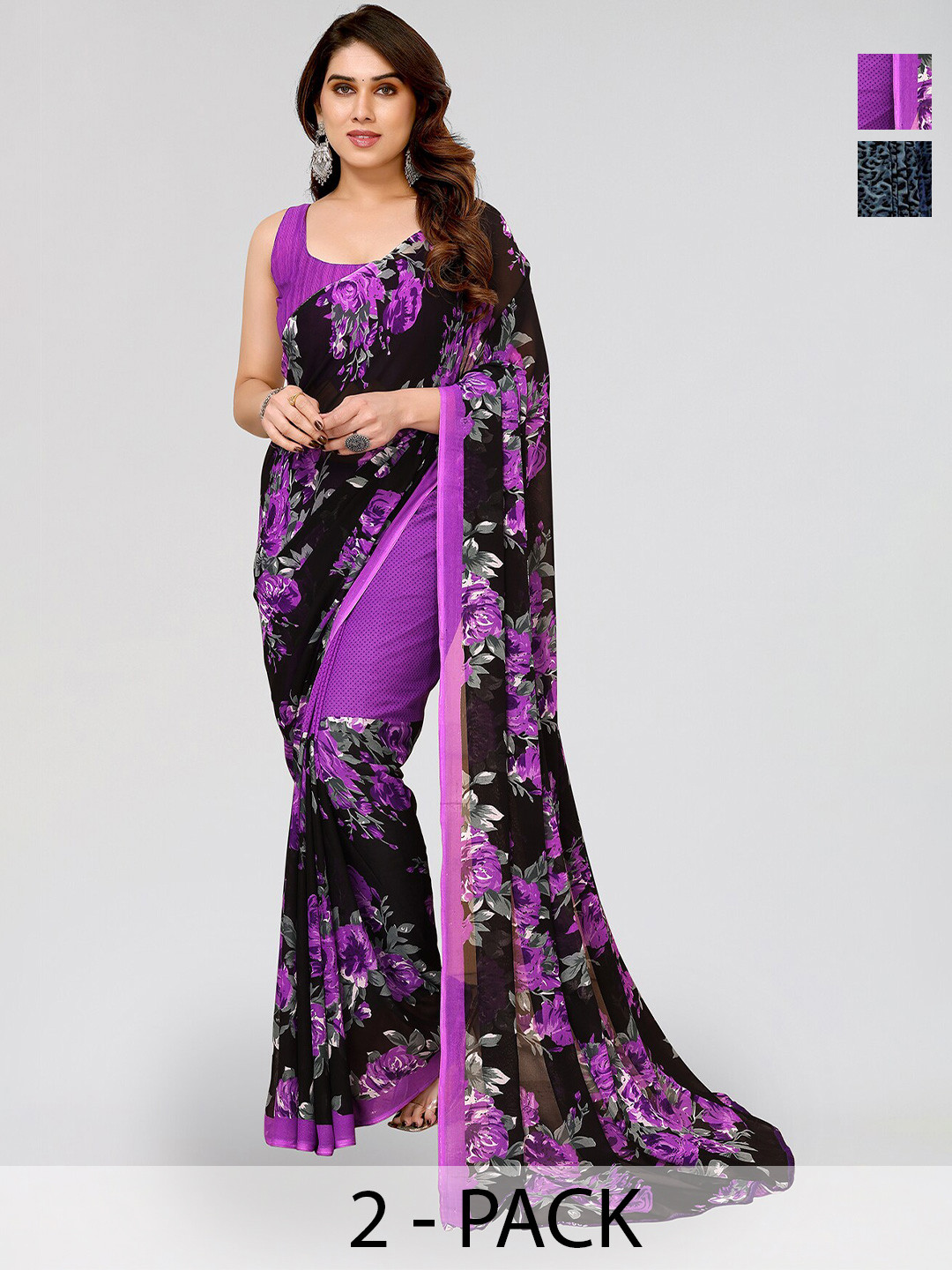 

ANAND SAREES Selection Of 2 Floral Printed Sarees, Purple
