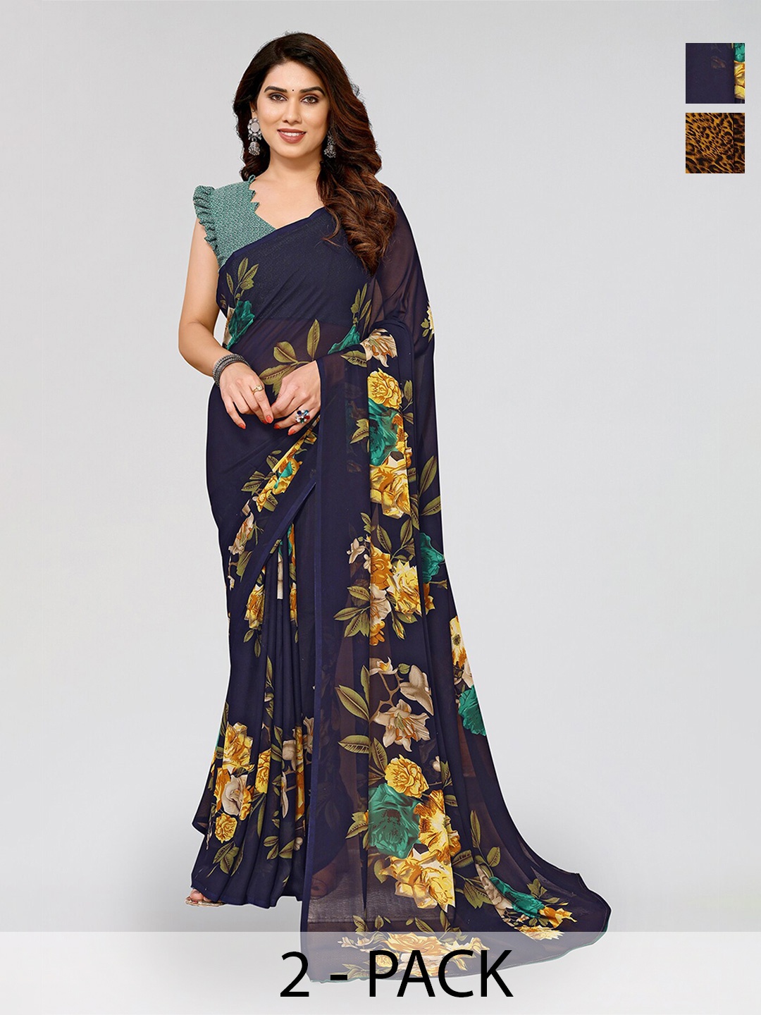 

ANAND SAREES Selection of 2 Floral Printed Saree, Blue