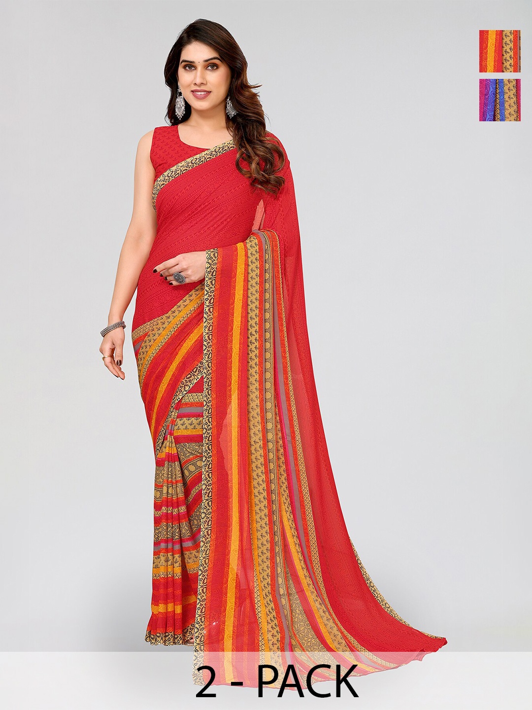 

ANAND SAREES Selection of 2 Ethnic Motifs Printed Sarees, Red