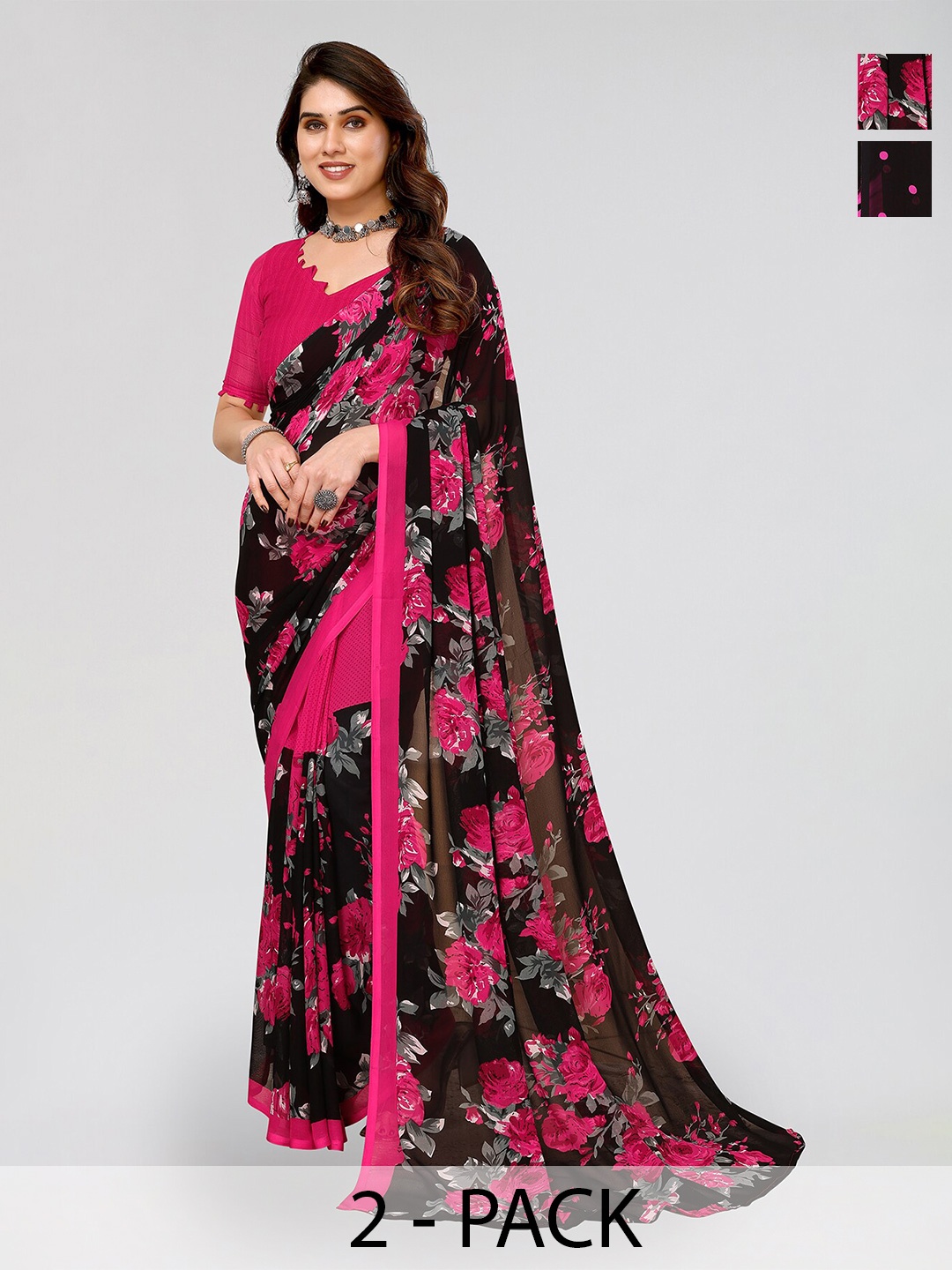 

ANAND SAREES Selection of 2 Floral Printed Sarees, Black