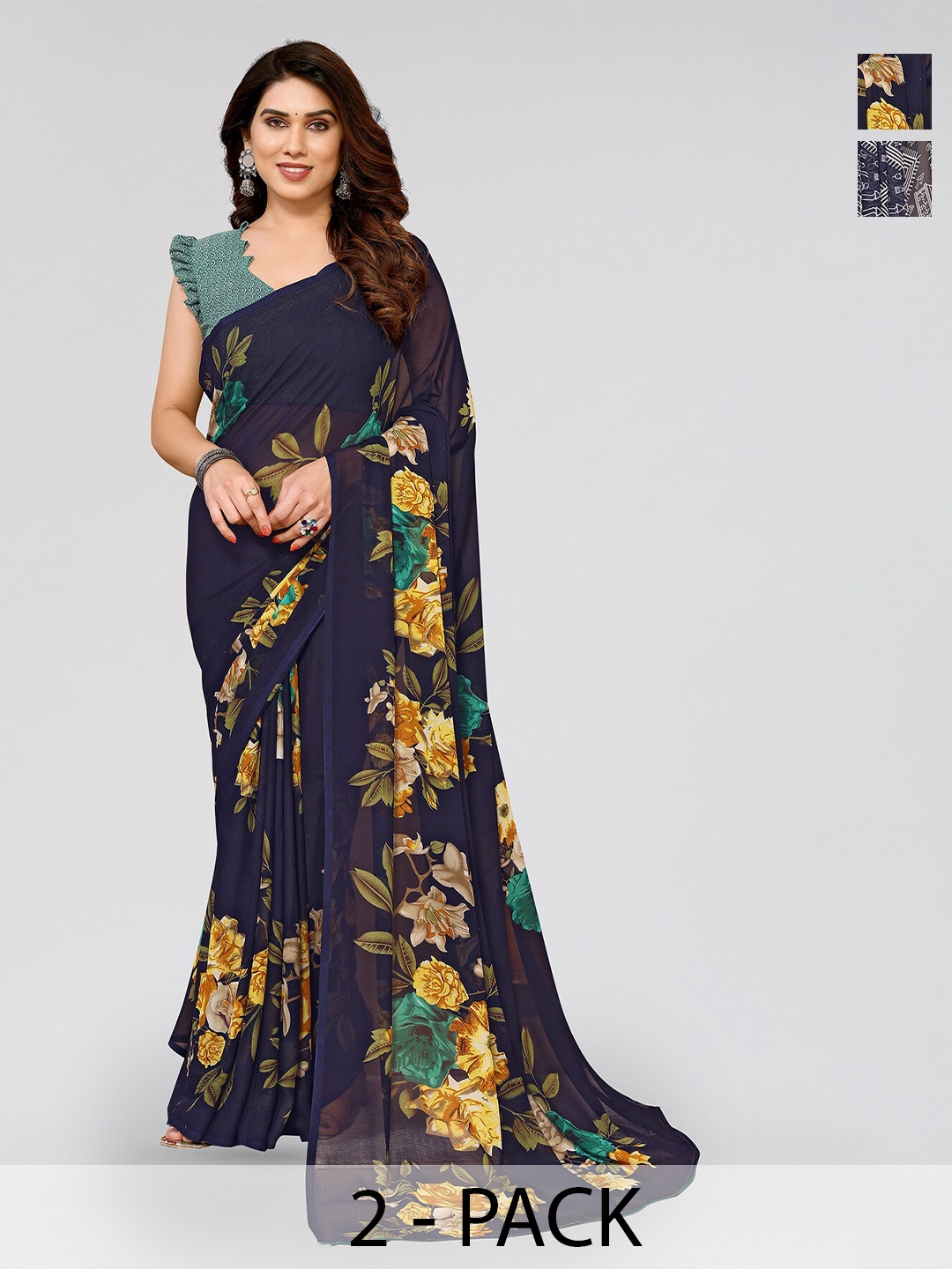 

ANAND SAREES Selection Of 2 Floral Printed Sarees, Navy blue