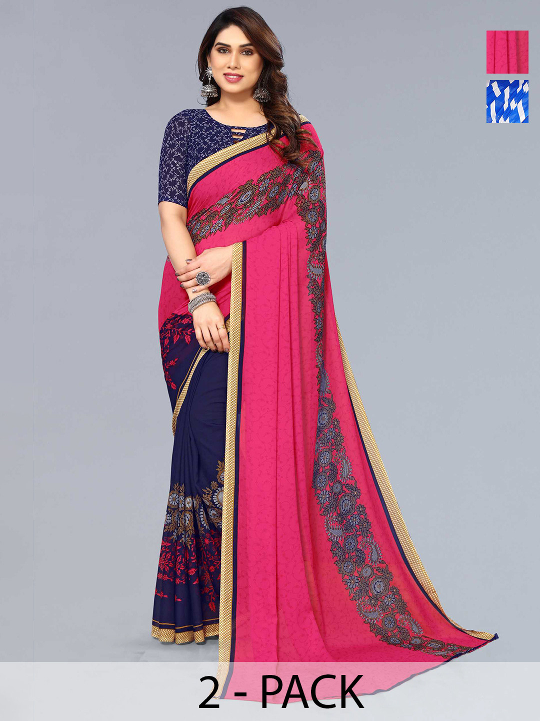 

ANAND SAREES Pack of 2 Striped Printed Saree, Blue