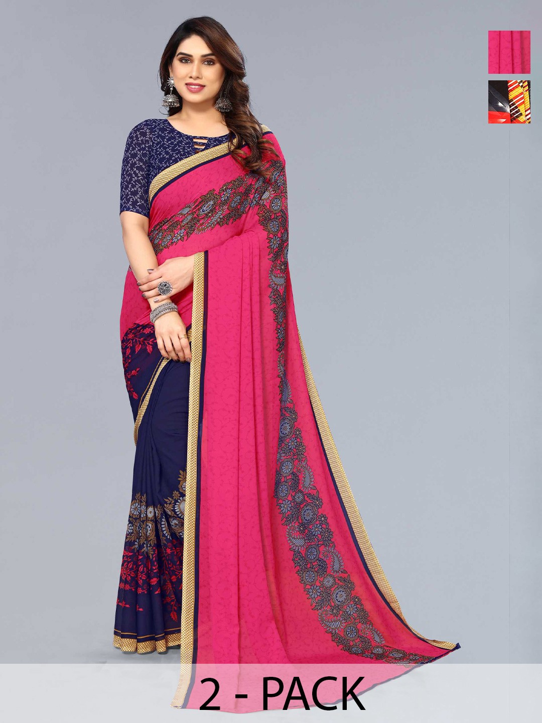 

ANAND SAREES Selection Of 2 Floral Printed Sarees, Blue