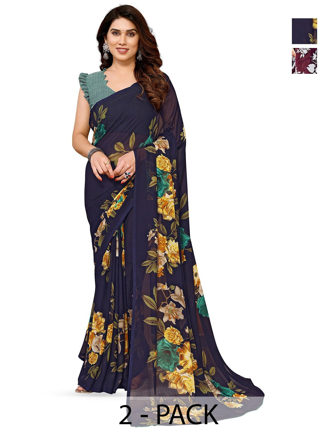 

ANAND SAREES Selection Of 2 Floral Printed Sarees, Purple