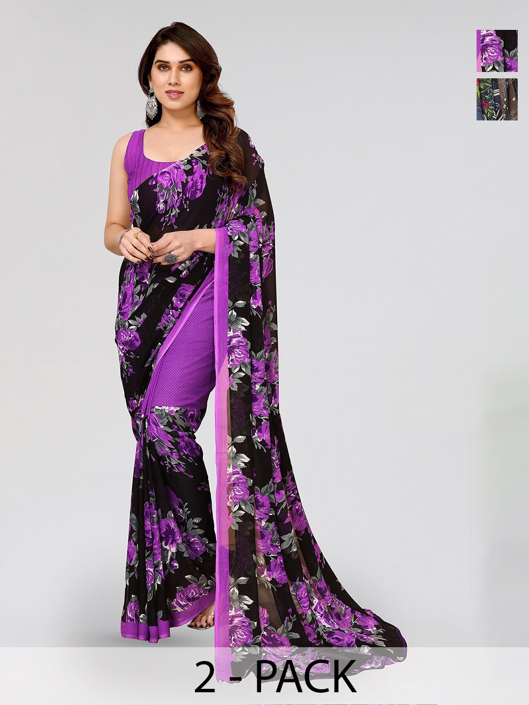 

ANAND SAREES Selection of 2 Floral Printed Sarees, Purple