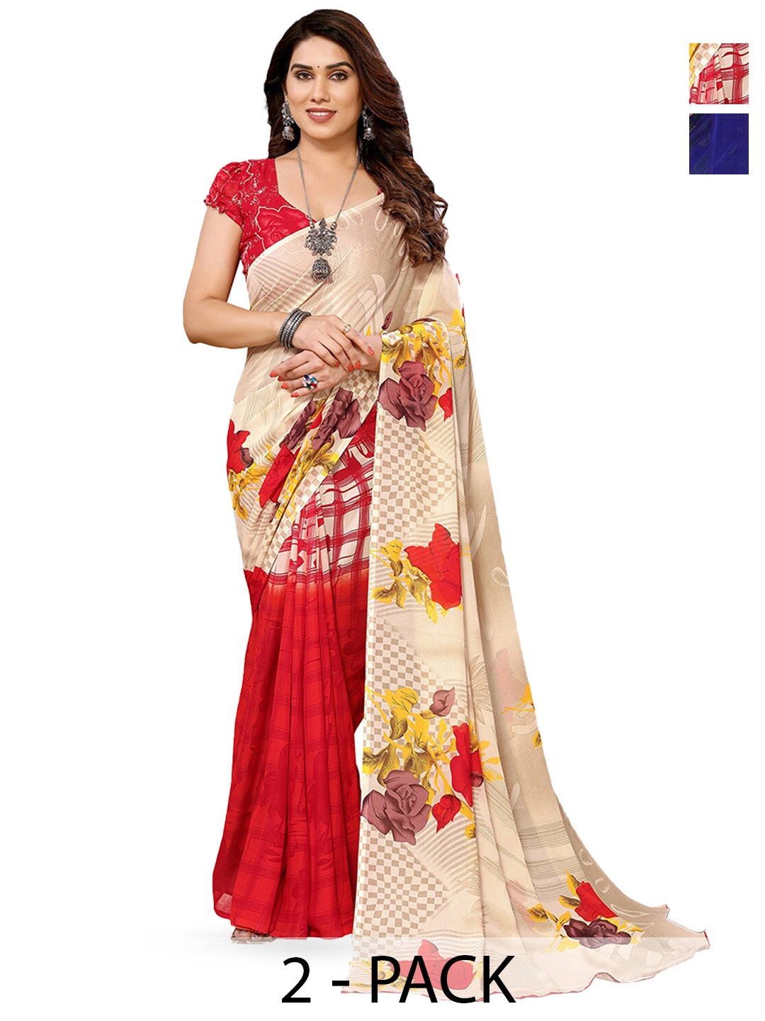 

ANAND SAREES Selection Of 2 Floral Printed Georgette Saree, Blue