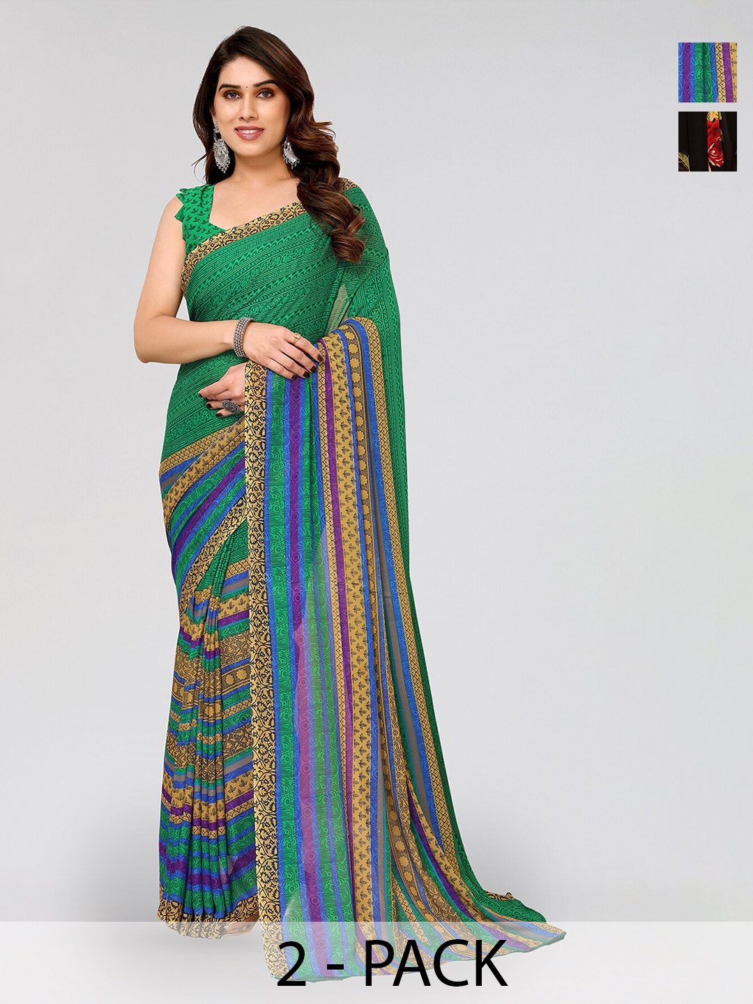 

ANAND SAREES Selection Of 2 Floral Printed Saree, Green