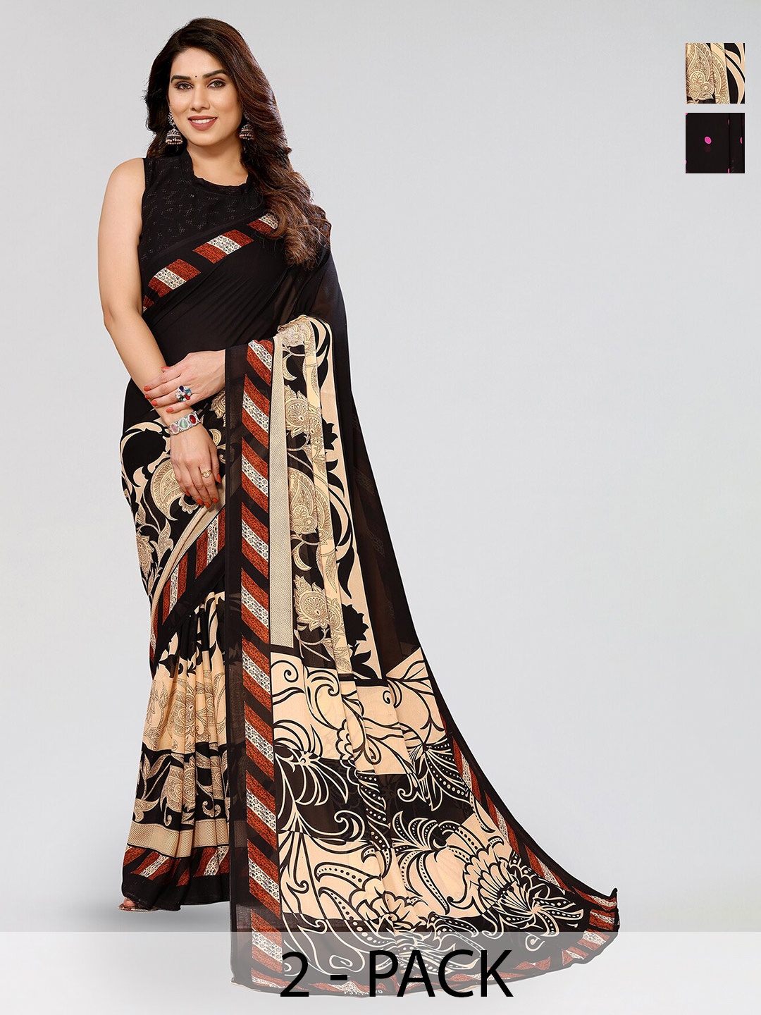 

ANAND SAREES Selection Of 2 Polka Dots Printed Sarees, Black