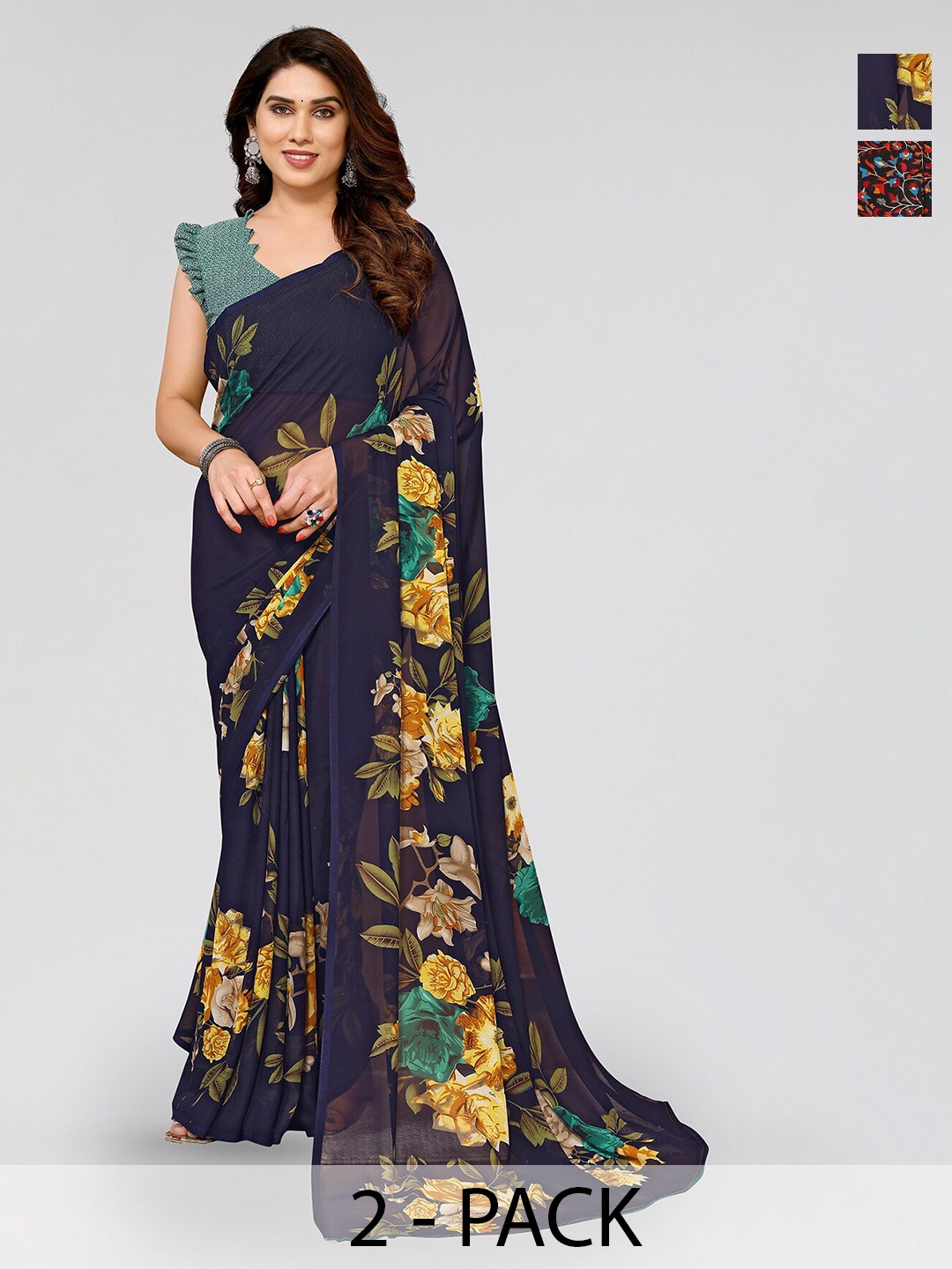 

ANAND SAREES Selection Of 2 Floral Sarees, Navy blue