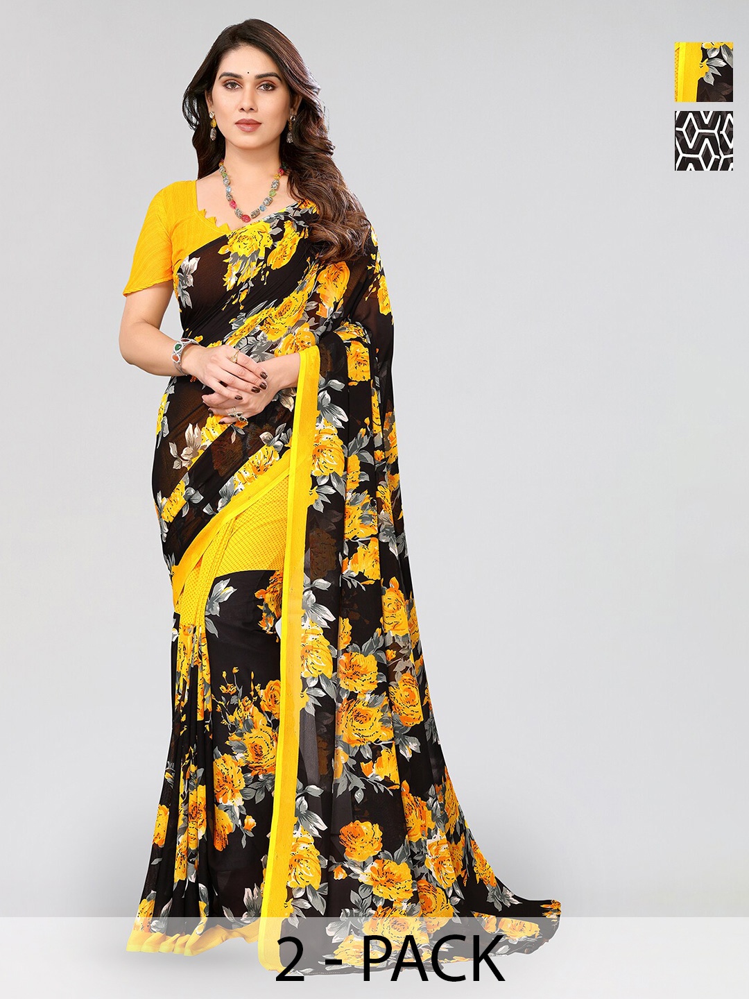 

ANAND SAREES Selection Of 2 Floral Printed Sarees, Black