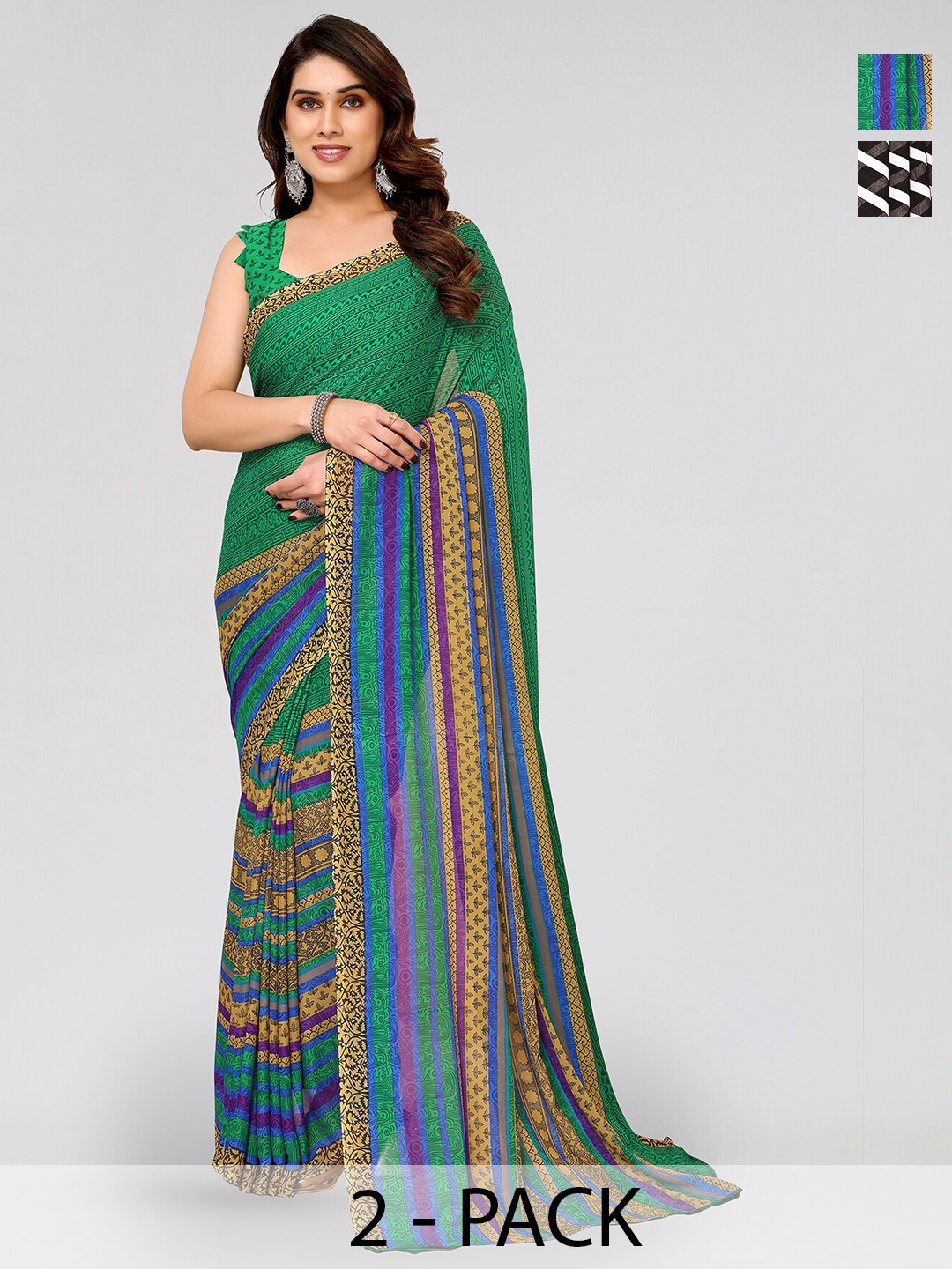 

ANAND SAREES Selection Of 2 Striped Printed Sarees, White