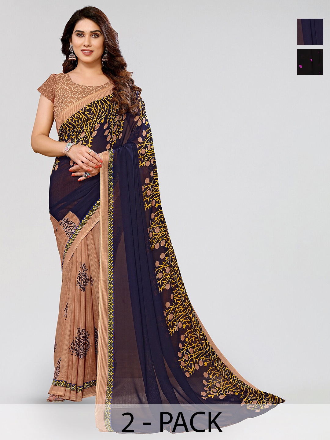 

ANAND SAREES Selection Of 2 Floral Georgette Saree, Brown