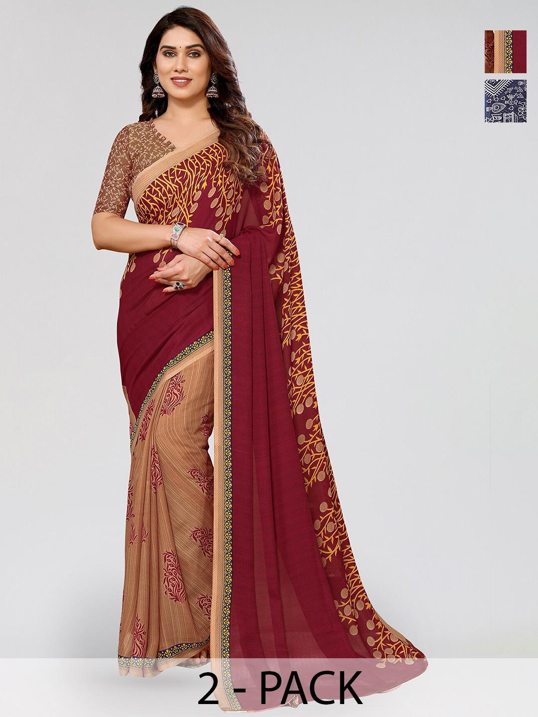 

ANAND SAREES Selection Of 2 Ethnic Motifs Printed Saree, Red