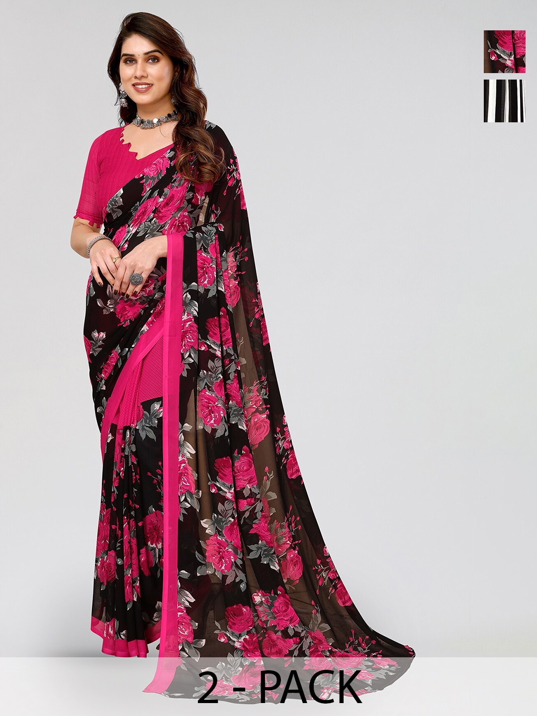 

ANAND SAREES Selection Of 2 Floral Printed Sarees, White
