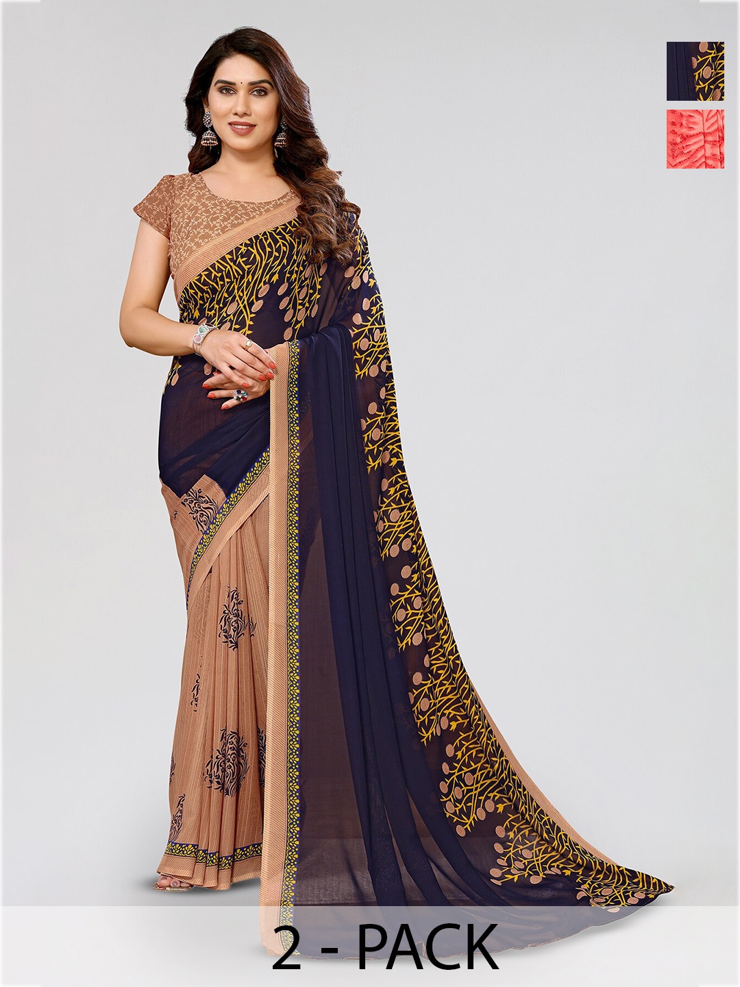 

ANAND SAREES Selection Of 2 Floral Printed Georgette Saree, Beige