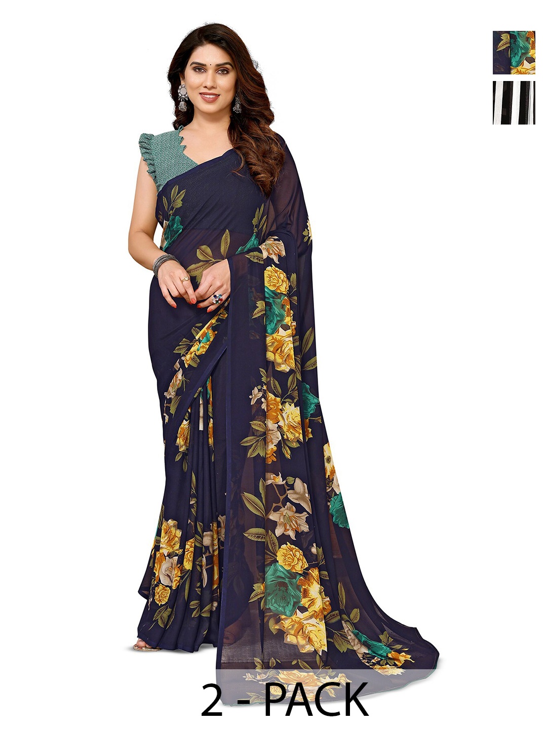 

ANAND SAREES Selection Of 2 Floral Printed Sarees, Black
