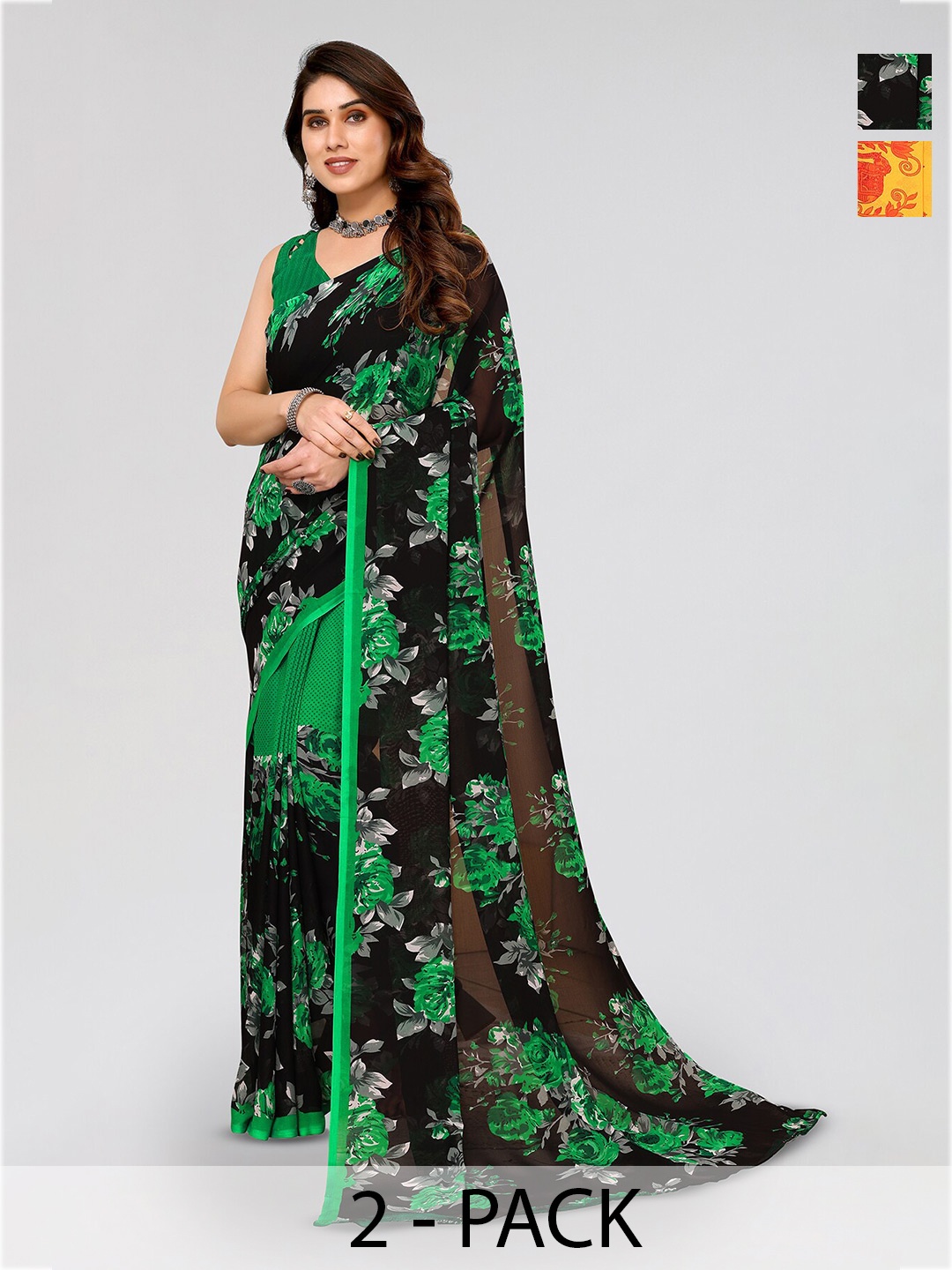 

ANAND SAREES Selection of 2 Floral Saree, Black