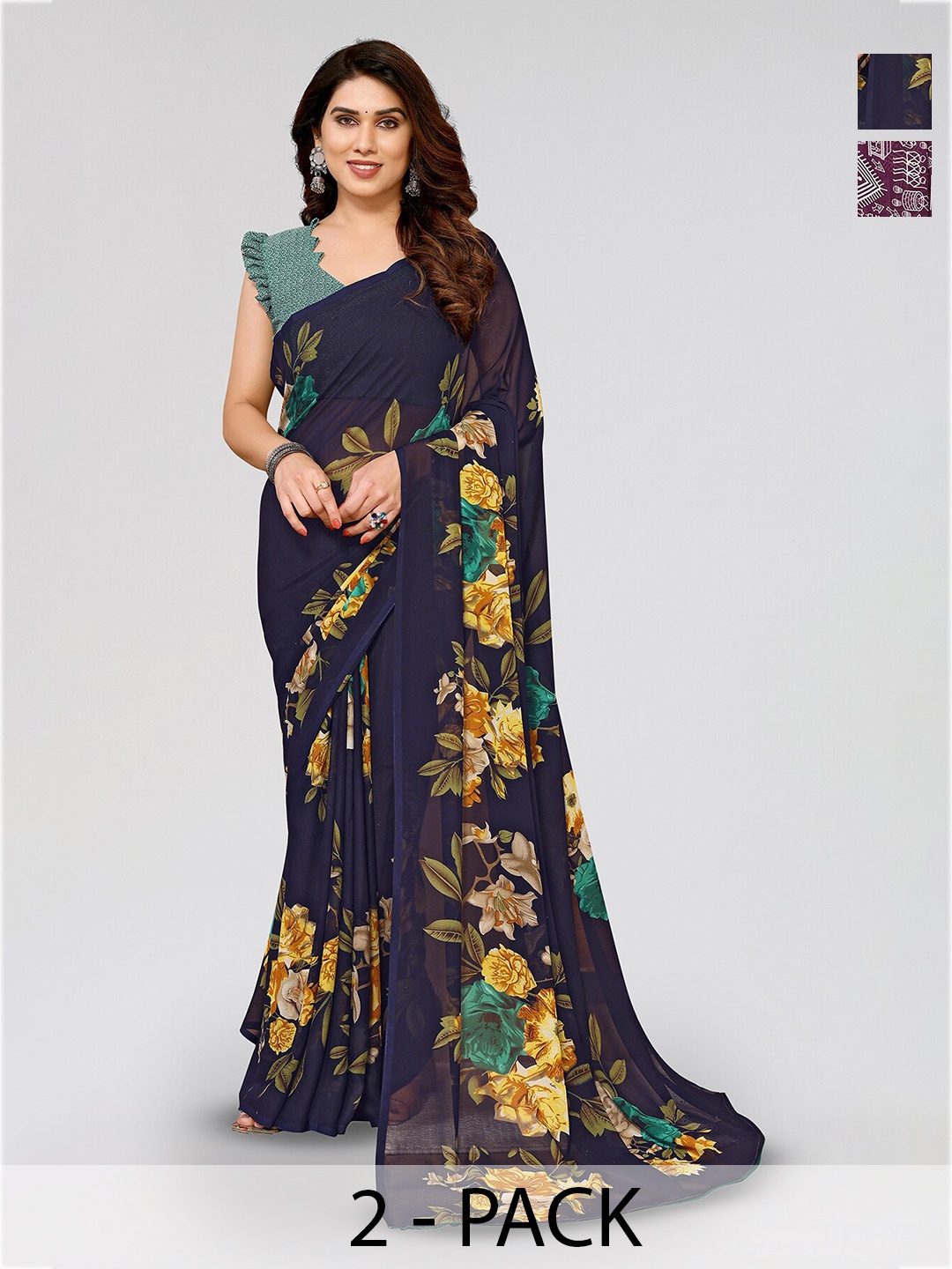 

ANAND SAREES Selection Of 2 Floral Printed Sarees, Black