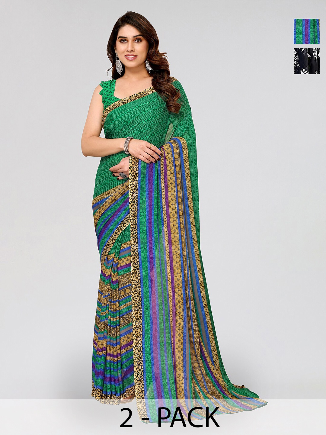 

ANAND SAREES Selection Of 2 Floral Printed Saree, Green