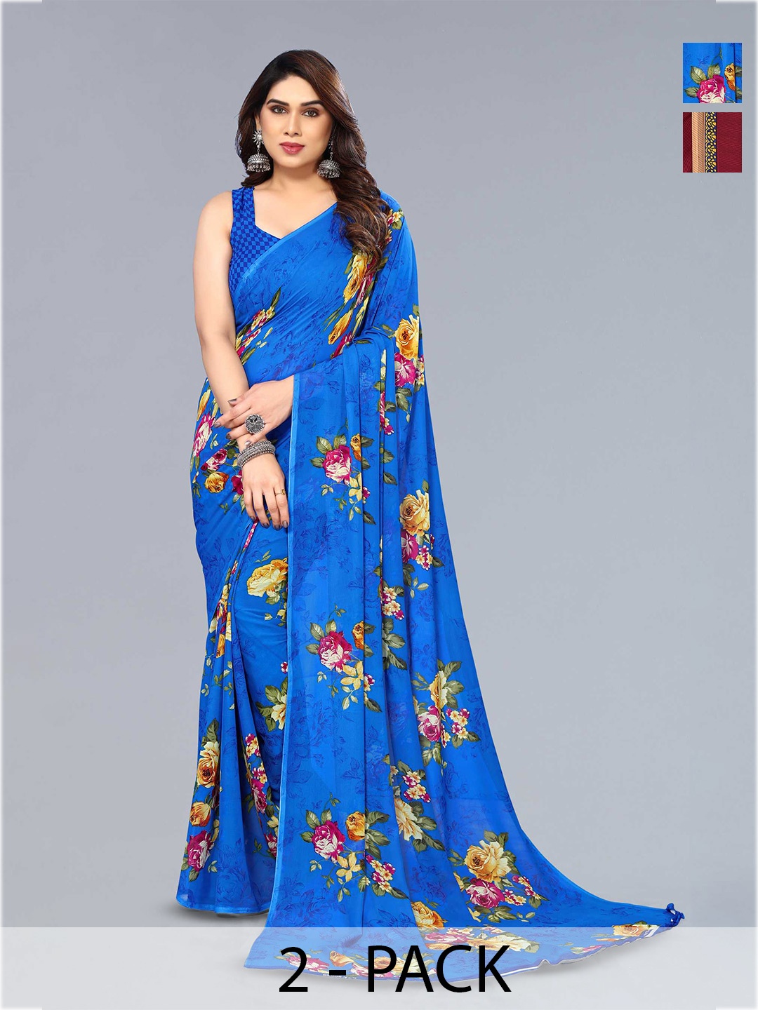 

ANAND SAREES Selection Of 2 Floral Printed Georgette Saree, Blue