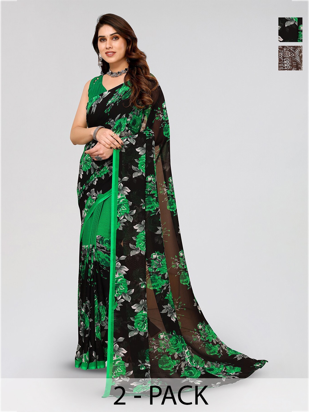 

ANAND SAREES Selection Of 2 Ethnic Motifs Printed Georgette Saree, Black