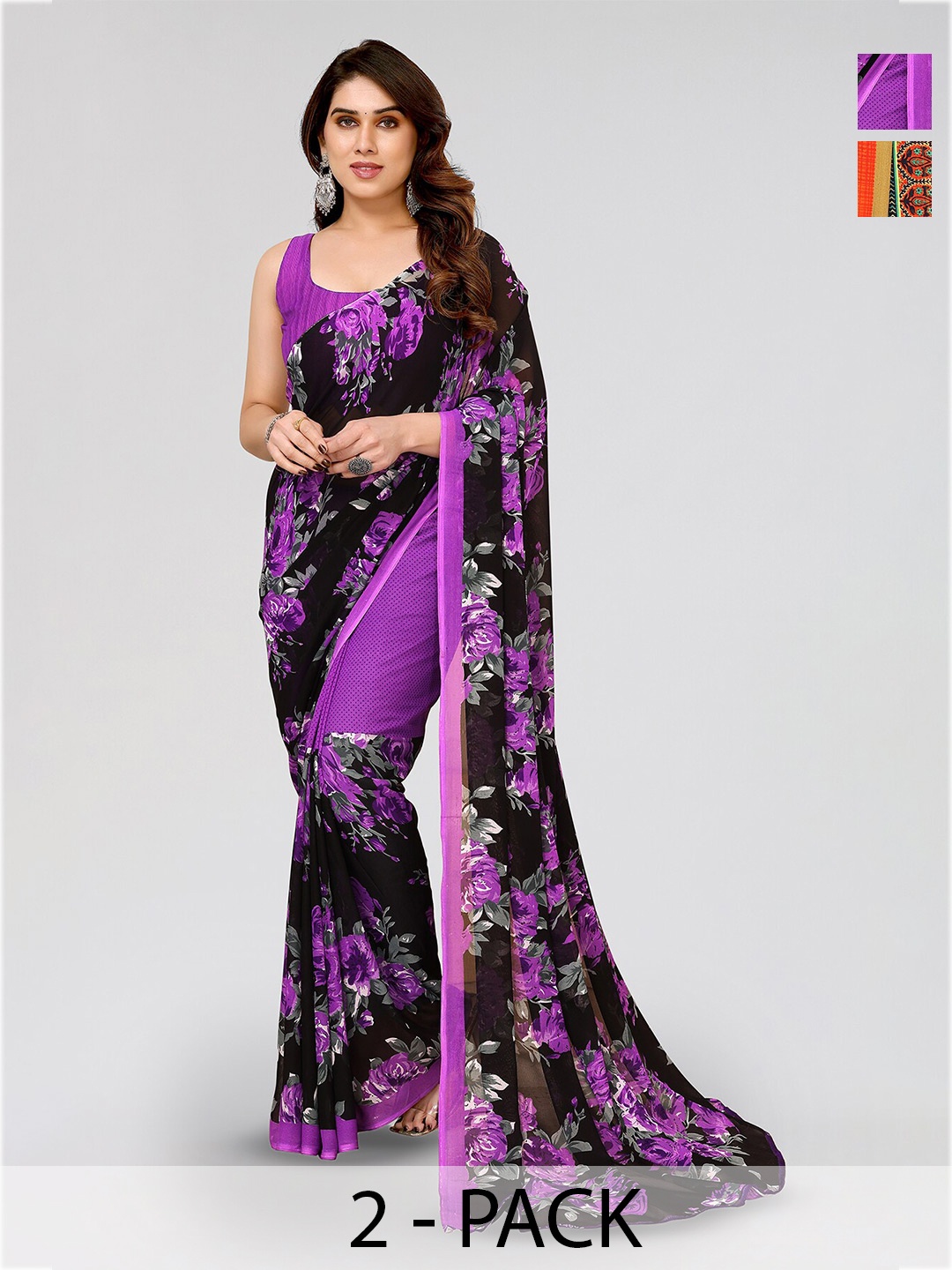 

ANAND SAREES Selection Of 2 Floral Printed Saree, Black