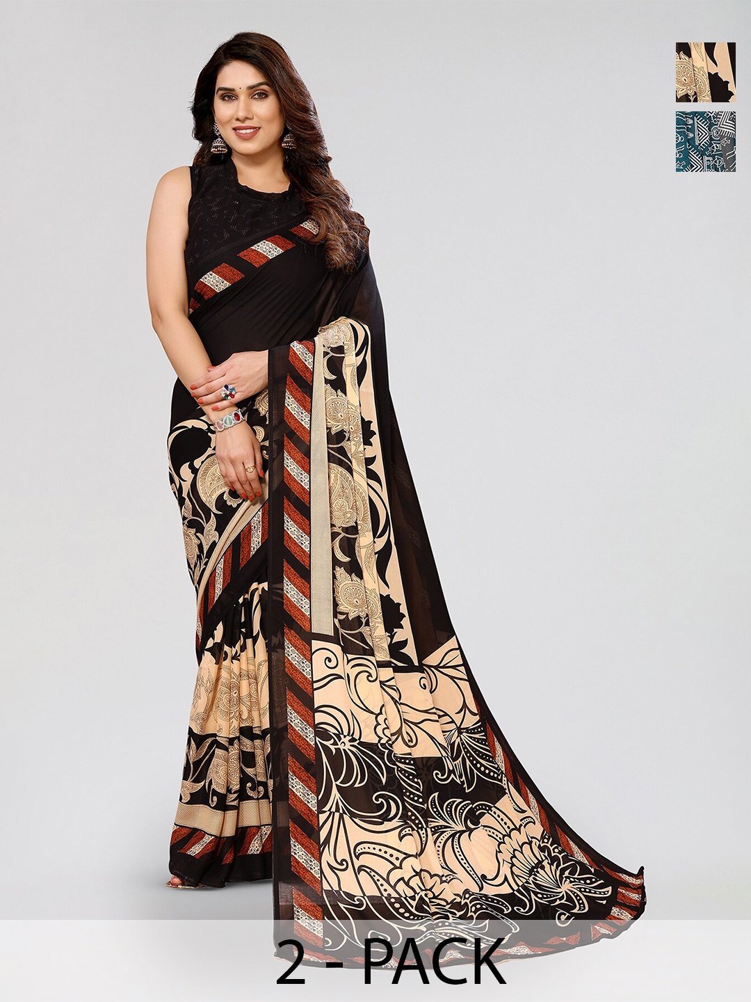 

ANAND SAREES Selection Of 2 Printed Sarees, Cream