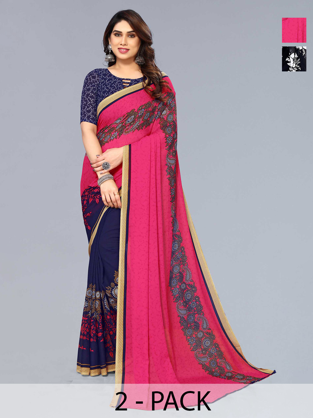 

ANAND SAREES Selection of 2 Floral Printed Sarees, Black