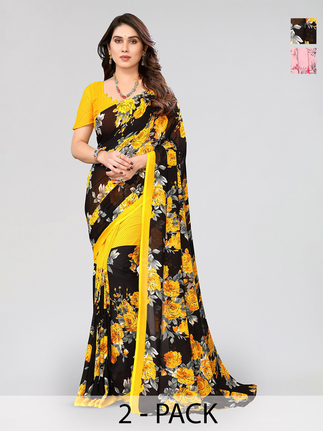 

ANAND SAREES Selection Of 2 Floral Printed Sarees, Yellow