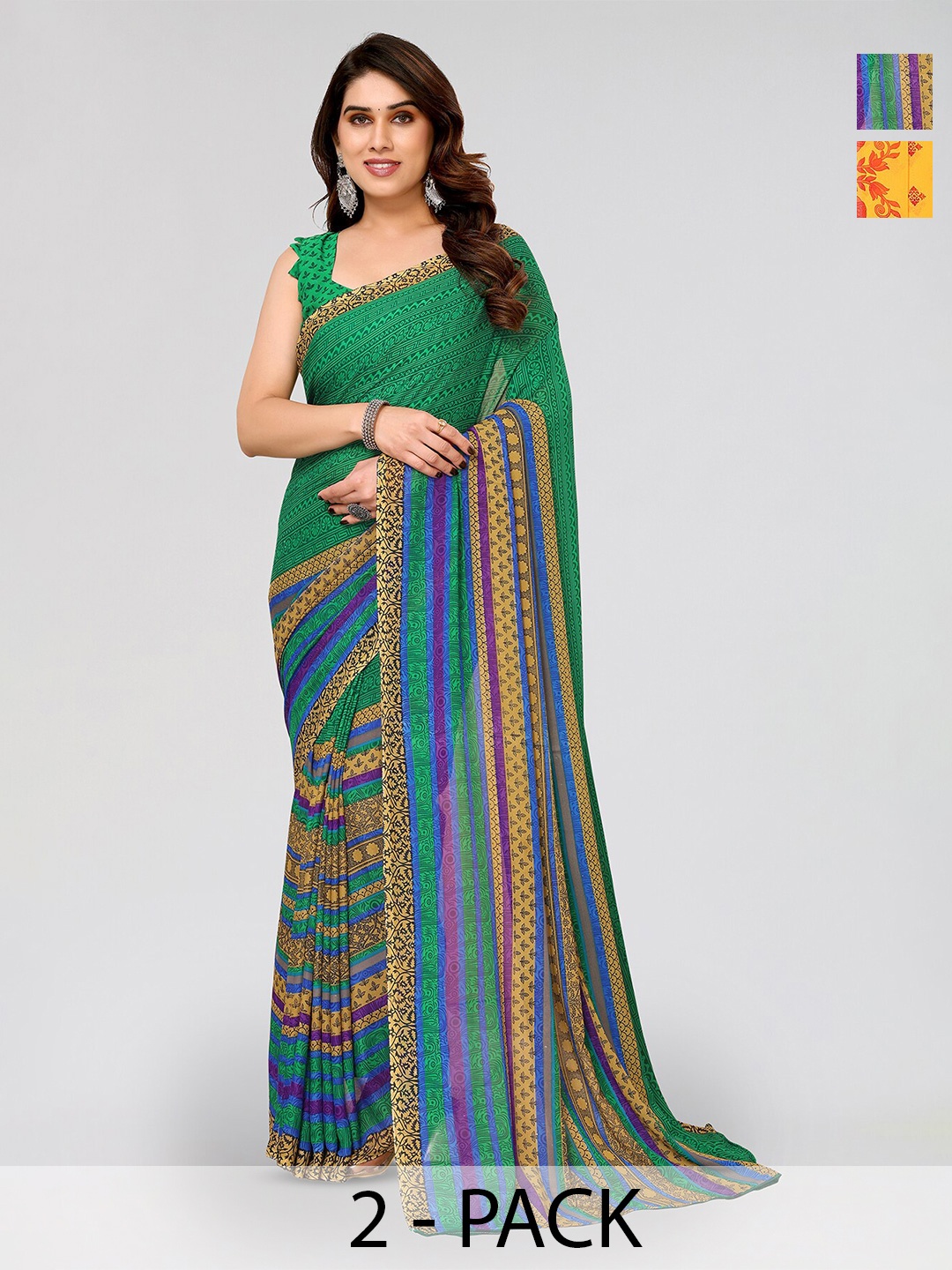 

ANAND SAREES Selection Of 2 Floral Printed Sarees, Green