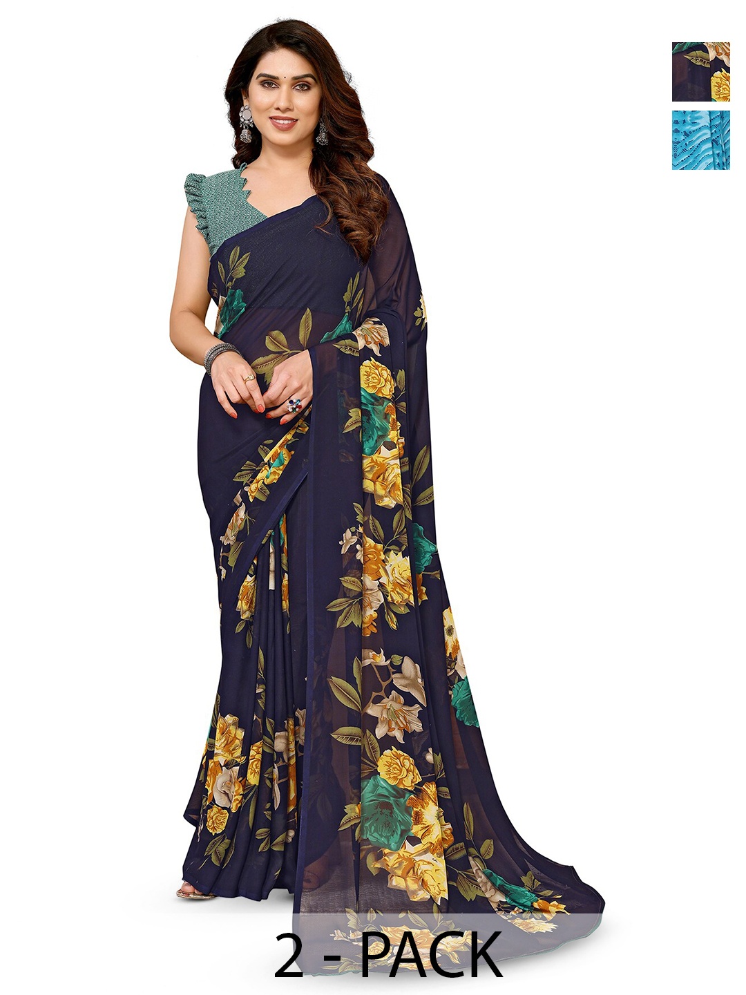 

ANAND SAREES Selection Of 2 Floral Printed Sarees, Blue