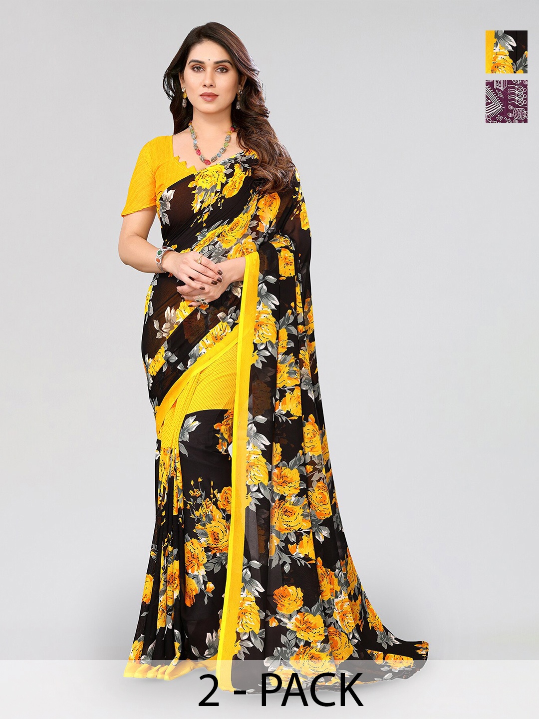 

ANAND SAREES Selection Of 2 Floral Printed Sarees, Yellow