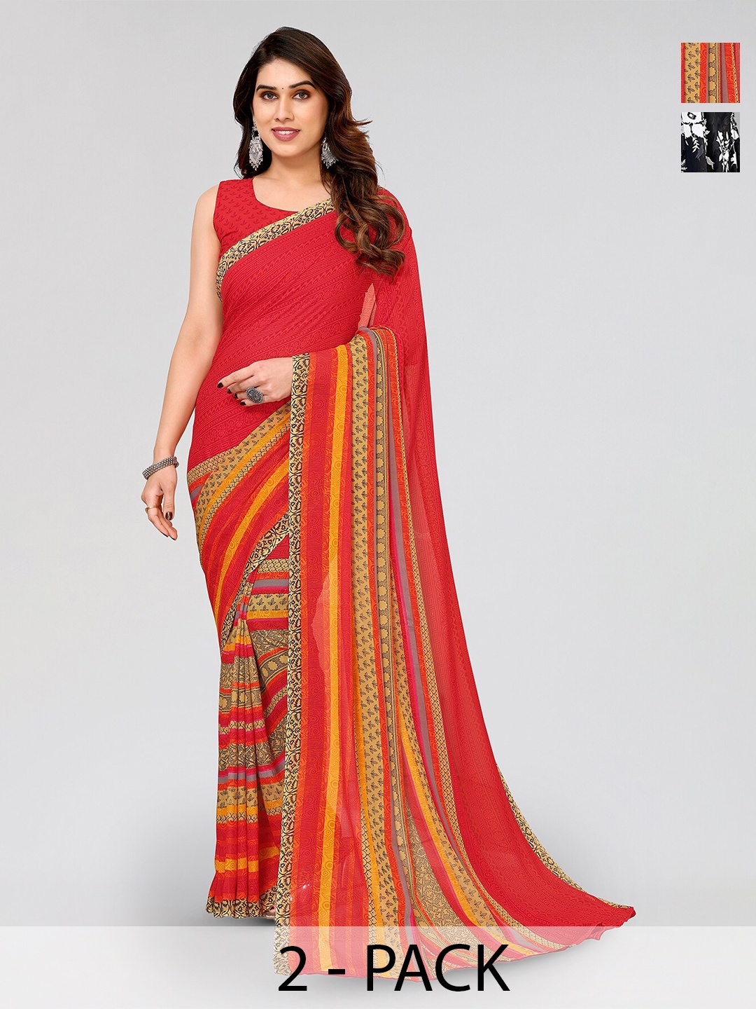 

ANAND SAREES Selection Of 2 Floral Printed Saree, Black