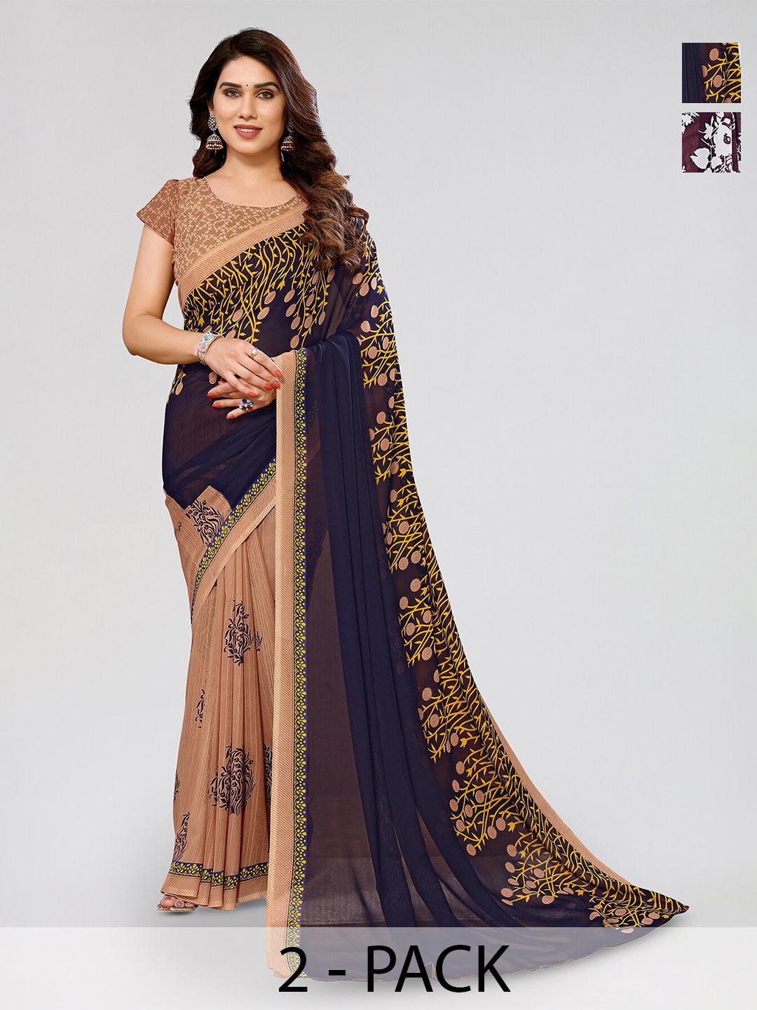 

ANAND SAREES Selection Of 2 Floral Printed Sarees, Beige