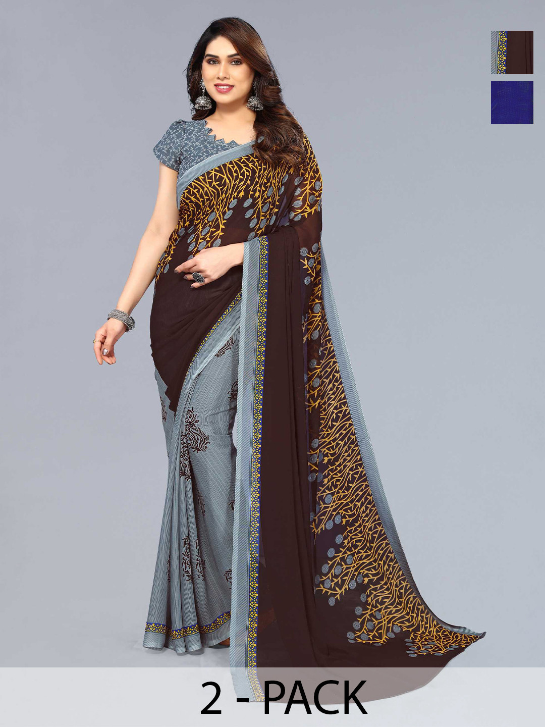

ANAND SAREES Pack of 2 Ethnic Motifs Printed Saree, Grey
