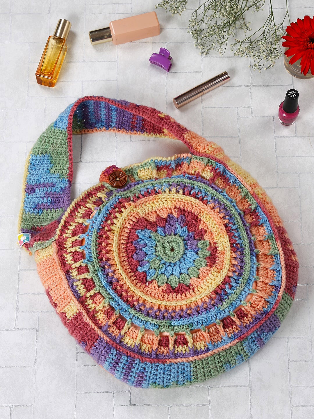 

Magic Needles Textured Shopper Circular Boho Handheld Bag, Peach